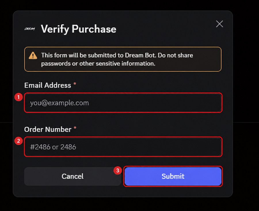 Dream Bot verification form with the email field, order number field, and Submit button marked in red