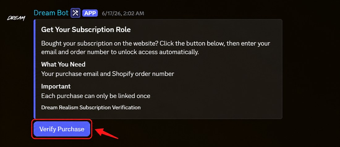 Dream Bot verification message with the Verify Purchase button marked in red